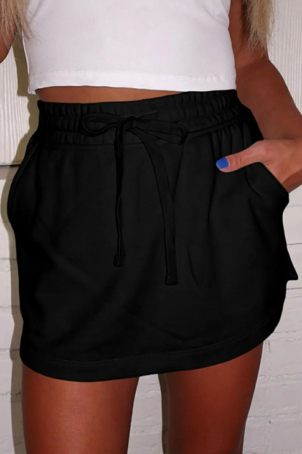 Sale Dear-Lover French Terry Drawstring Mini Skort with Pockets Black