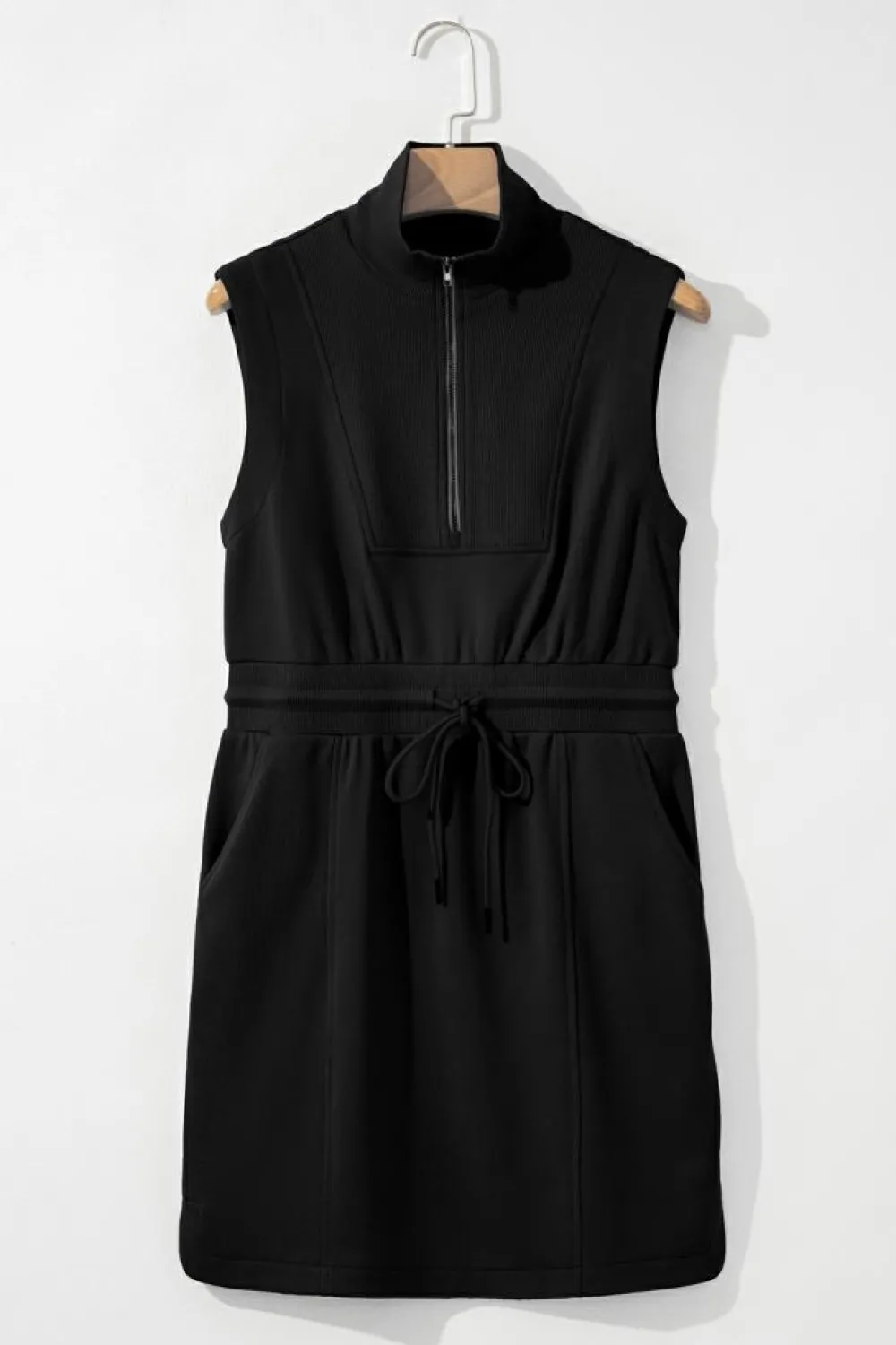 Online Dear-Lover French Terry Zipped Collar Sleeveless Drawstring Waist Mini Dress Black