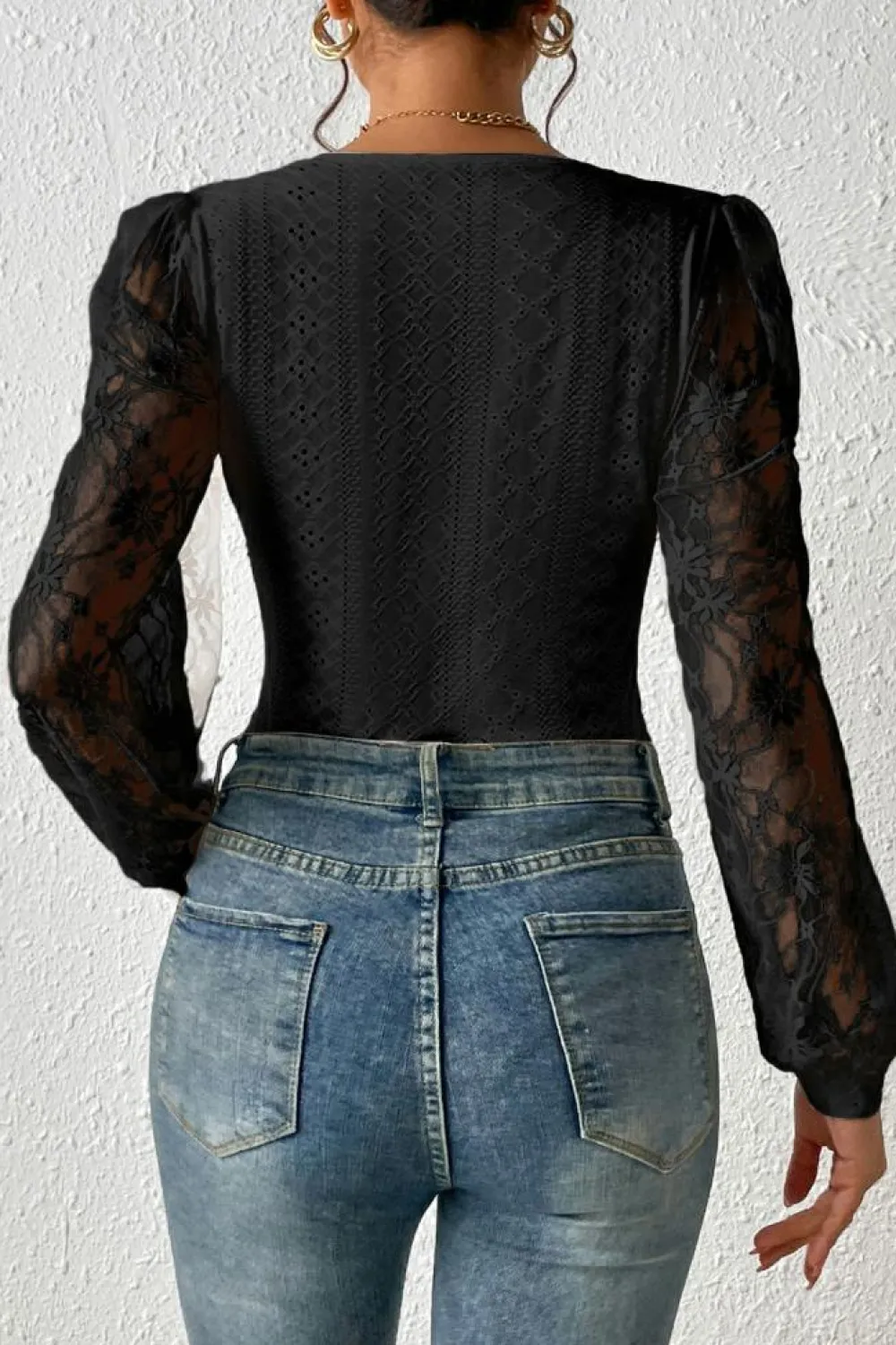 Online Dear-Lover Frenchy Contrast Lace Bishop Sleeve Bodysuit Black