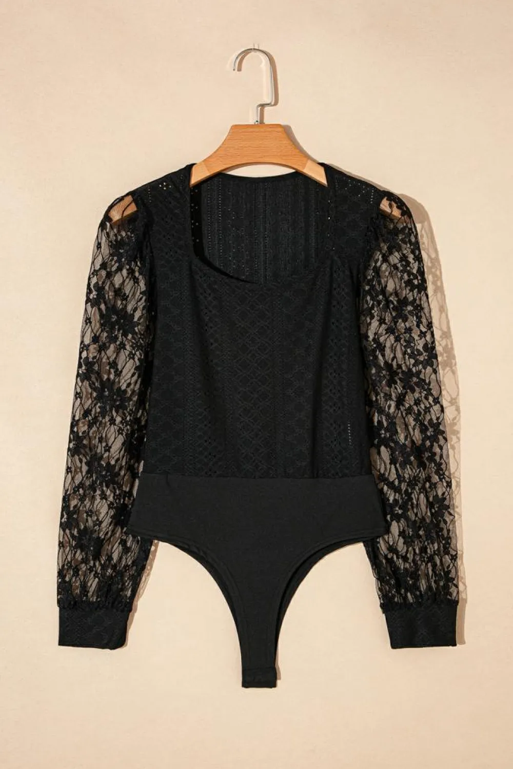 Online Dear-Lover Frenchy Contrast Lace Bishop Sleeve Bodysuit Black