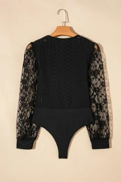 Online Dear-Lover Frenchy Contrast Lace Bishop Sleeve Bodysuit Black