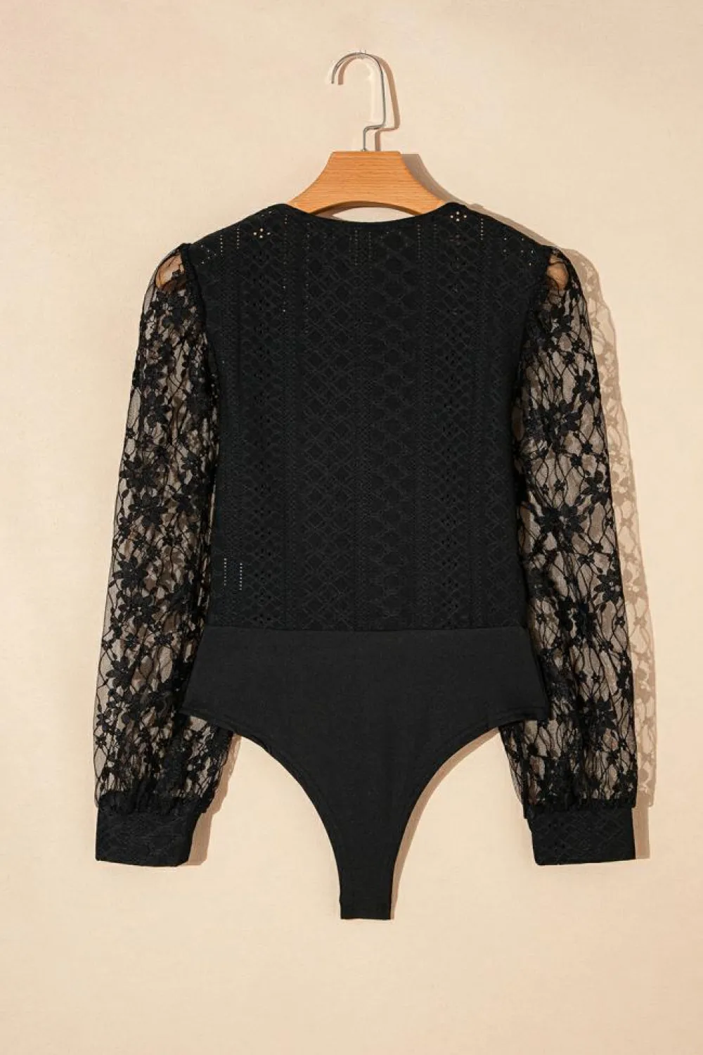 Online Dear-Lover Frenchy Contrast Lace Bishop Sleeve Bodysuit Black