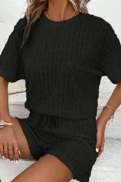 Hot Dear-Lover Frill Textured Short Sleeve Top and Drawstring Shorts Set Black