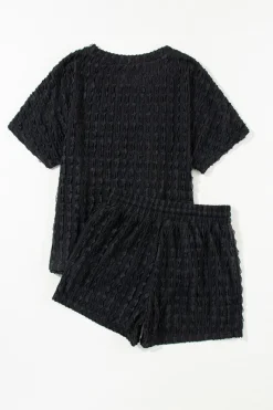 Hot Dear-Lover Frill Textured Short Sleeve Top and Drawstring Shorts Set Black