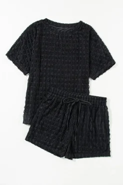 Hot Dear-Lover Frill Textured Short Sleeve Top and Drawstring Shorts Set Black
