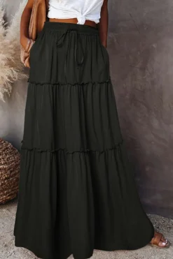 Clearance Dear-Lover Frill Tiered Drawstring Waist Maxi Skirt Black