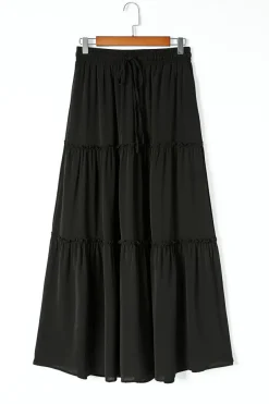 Clearance Dear-Lover Frill Tiered Drawstring Waist Maxi Skirt Black