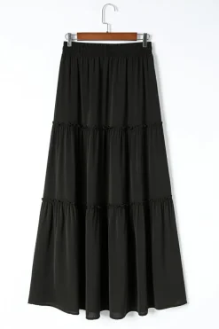 Clearance Dear-Lover Frill Tiered Drawstring Waist Maxi Skirt Black