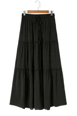 Clearance Dear-Lover Frill Tiered Drawstring Waist Maxi Skirt Black