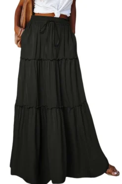 Clearance Dear-Lover Frill Tiered Drawstring Waist Maxi Skirt Black