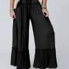 Fashion Dear-Lover Frilled Drawstring High Waist Wide Leg Pants Black