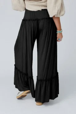 Fashion Dear-Lover Frilled Drawstring High Waist Wide Leg Pants Black