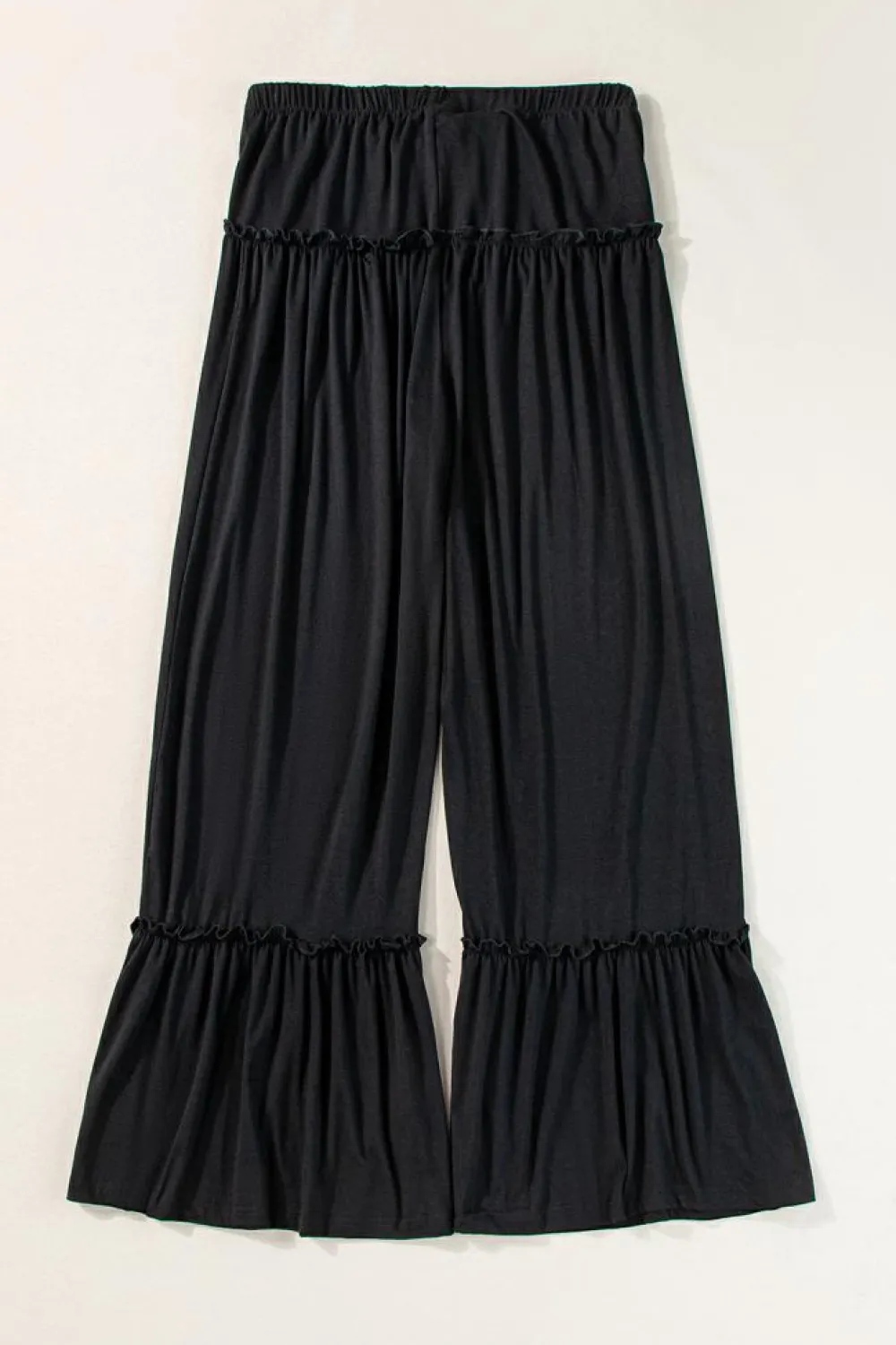 Fashion Dear-Lover Frilled Drawstring High Waist Wide Leg Pants Black