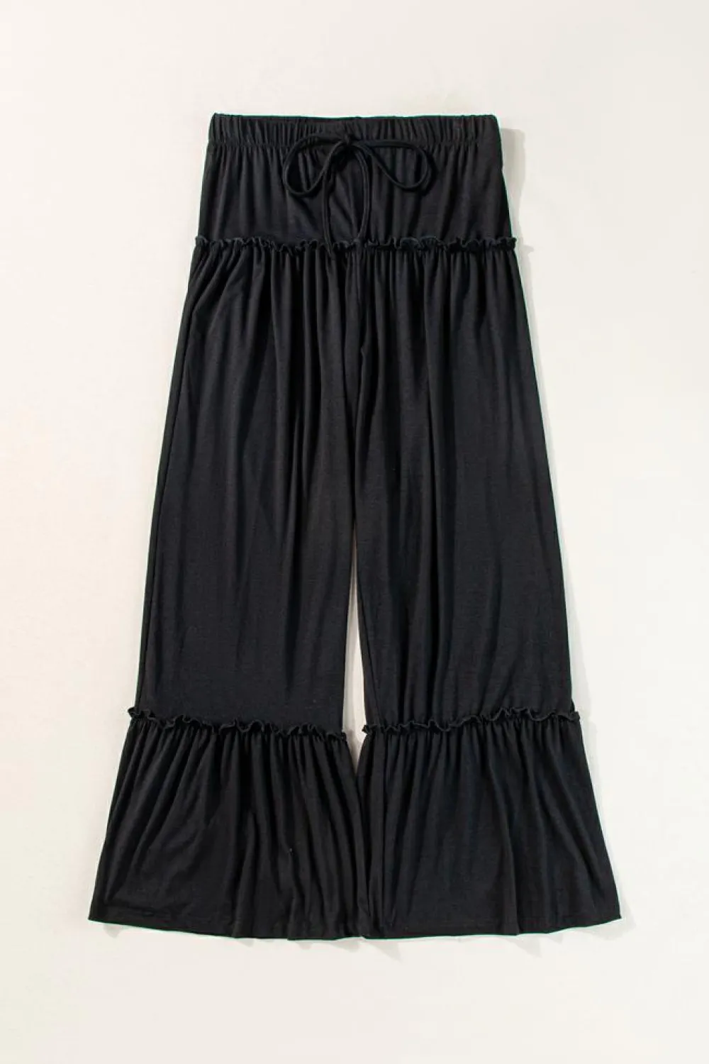 Fashion Dear-Lover Frilled Drawstring High Waist Wide Leg Pants Black