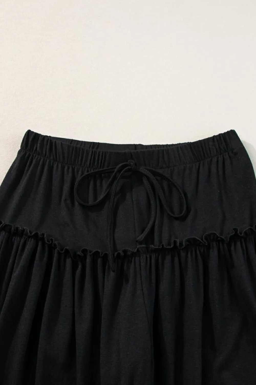 Fashion Dear-Lover Frilled Drawstring High Waist Wide Leg Pants Black