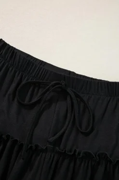 Fashion Dear-Lover Frilled Drawstring High Waist Wide Leg Pants Black
