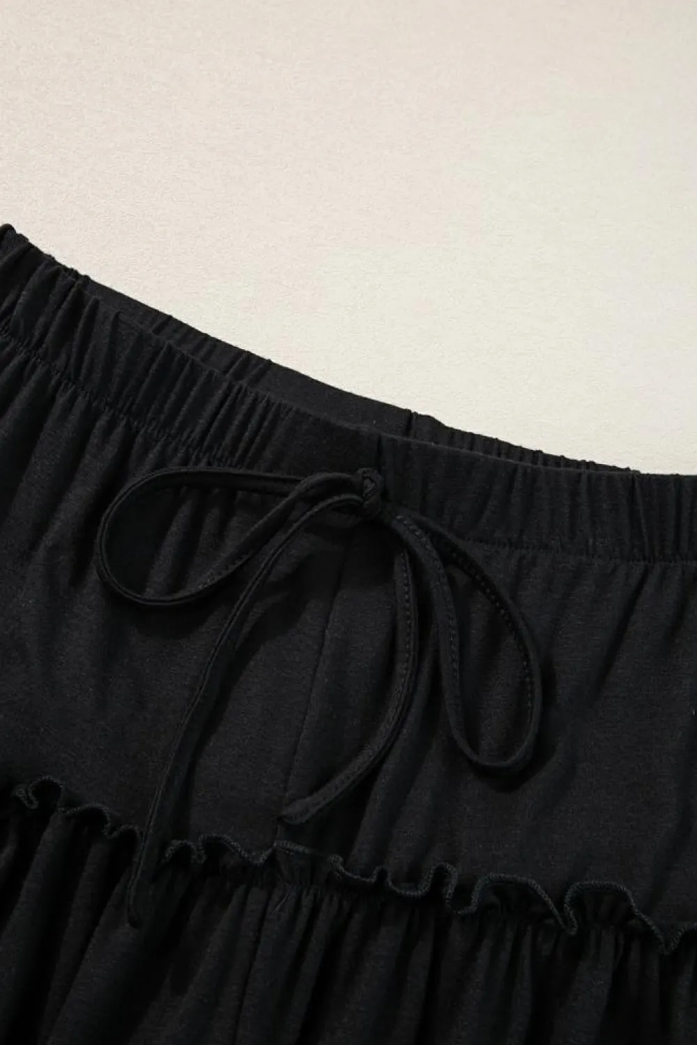 Fashion Dear-Lover Frilled Drawstring High Waist Wide Leg Pants Black