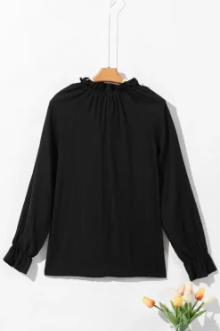 Online Dear-Lover Frilled Mock Neck Ripple Bubble Sleeve Blouse Black