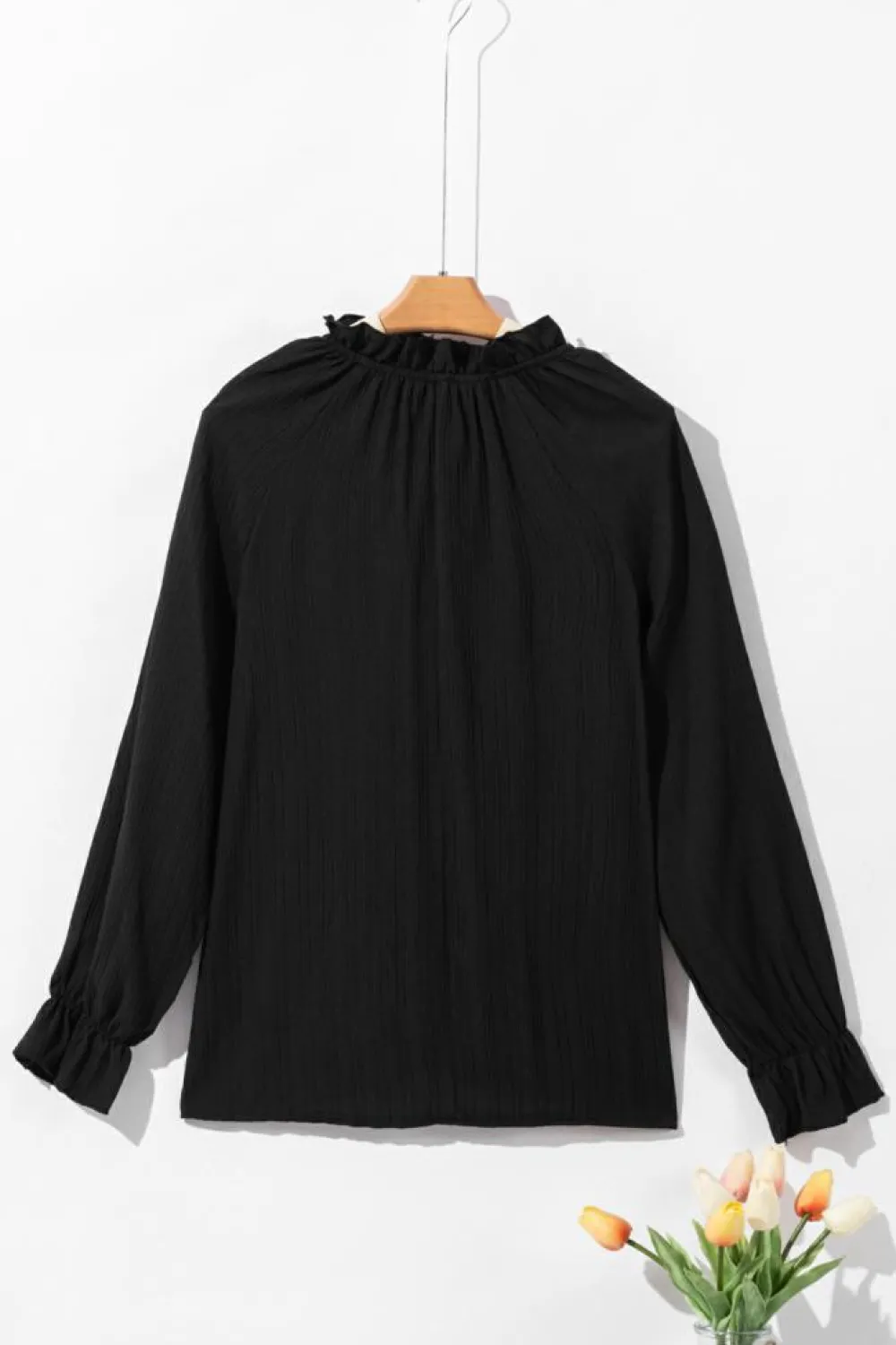 Online Dear-Lover Frilled Mock Neck Ripple Bubble Sleeve Blouse Black