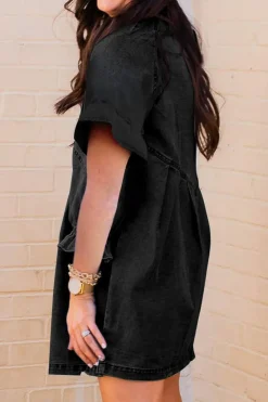 Online Dear-Lover Frilled Short Sleeve Button Up Loose Denim Shirt Dress Black
