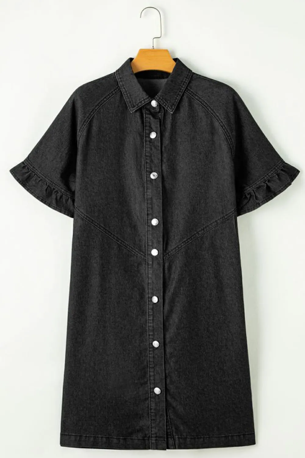 Online Dear-Lover Frilled Short Sleeve Button Up Loose Denim Shirt Dress Black