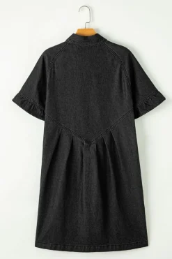 Online Dear-Lover Frilled Short Sleeve Button Up Loose Denim Shirt Dress Black