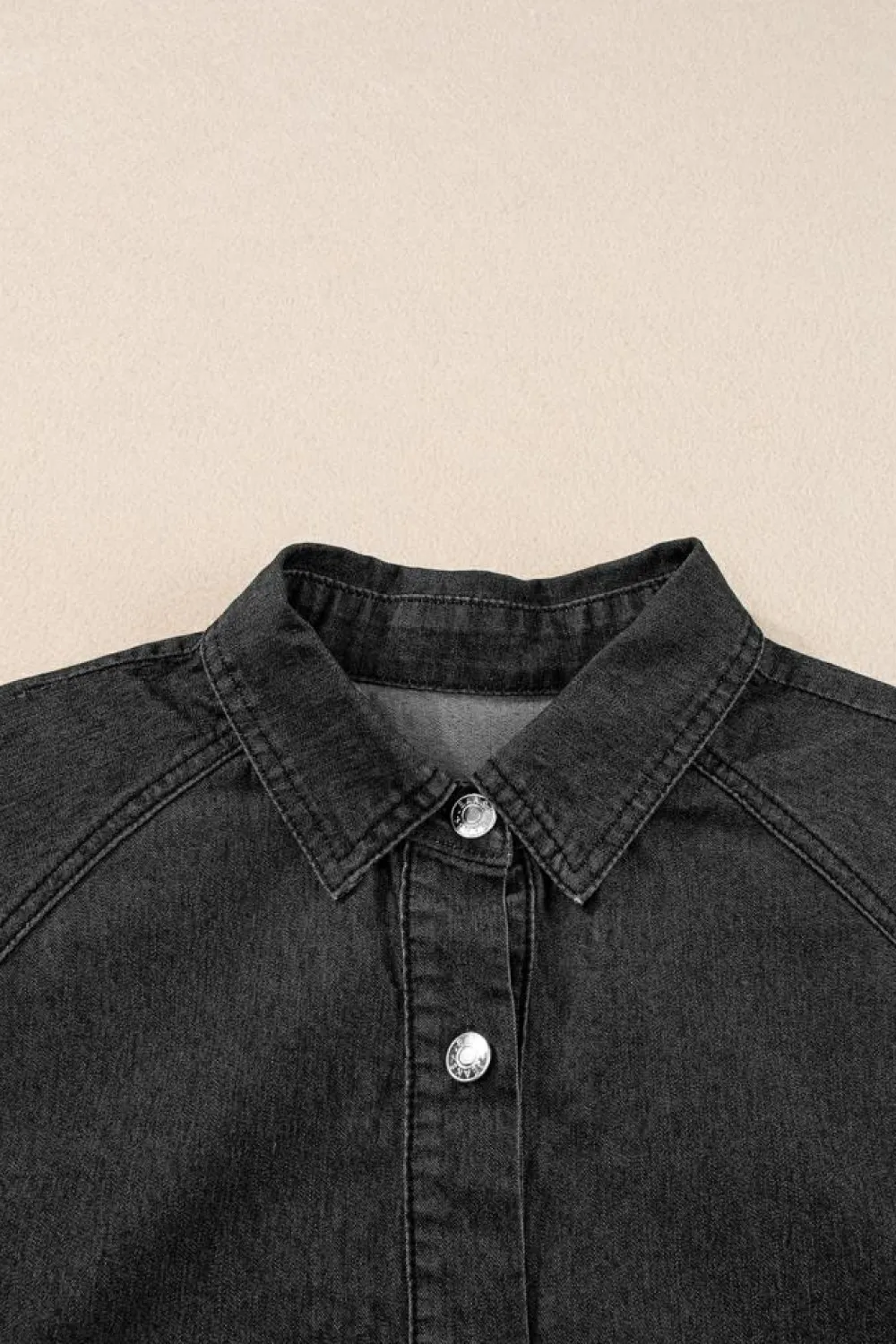 Online Dear-Lover Frilled Short Sleeve Button Up Loose Denim Shirt Dress Black
