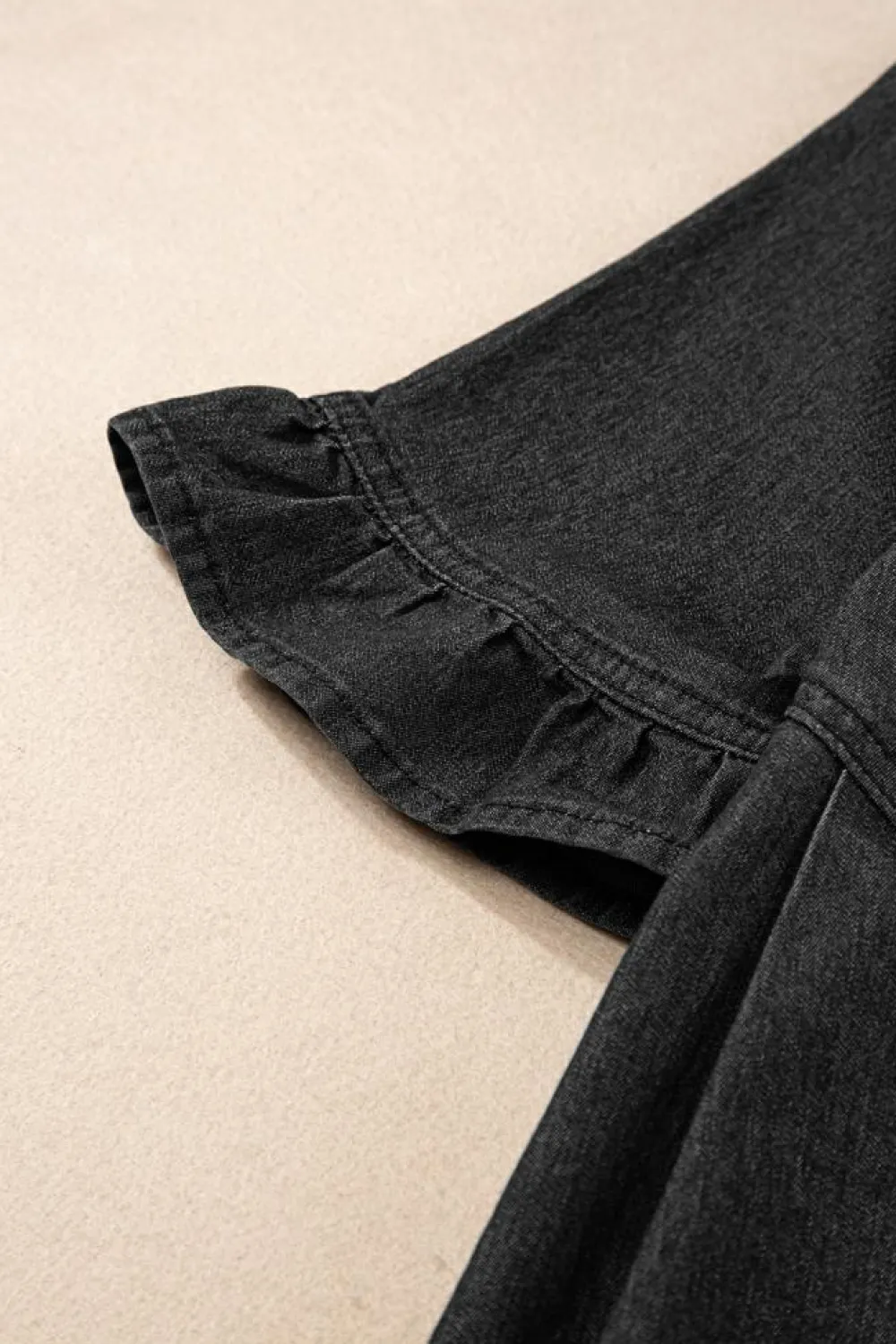 Online Dear-Lover Frilled Short Sleeve Button Up Loose Denim Shirt Dress Black