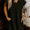 Clearance Dear-Lover Frilled V Neck Pleated Ruffle Detail Short Shift Dress Black