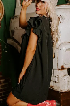 Clearance Dear-Lover Frilled V Neck Pleated Ruffle Detail Short Shift Dress Black