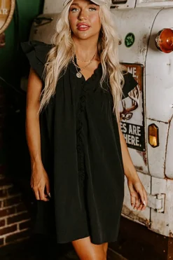 Clearance Dear-Lover Frilled V Neck Pleated Ruffle Detail Short Shift Dress Black