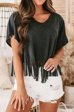 New Dear-Lover Fringe Hem V Neck T Shirt Black