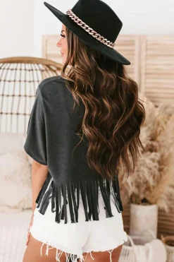 New Dear-Lover Fringe Hem V Neck T Shirt Black