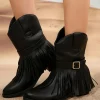Best Dear-Lover Fringed Wide Calf Faux Leather Western Boots Black