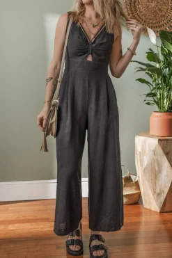 Hot Dear-Lover Front Cut Out Smocked Back Sleeveless Wide Leg Jumpsuit Black