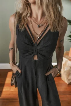 Hot Dear-Lover Front Cut Out Smocked Back Sleeveless Wide Leg Jumpsuit Black