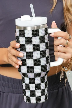 Fashion Dear-Lover Full Rhinestone Checkerboard Handled Tumbler 40oz Black