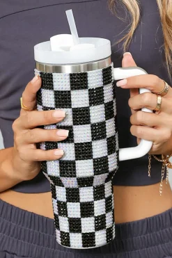 Fashion Dear-Lover Full Rhinestone Checkerboard Handled Tumbler 40oz Black