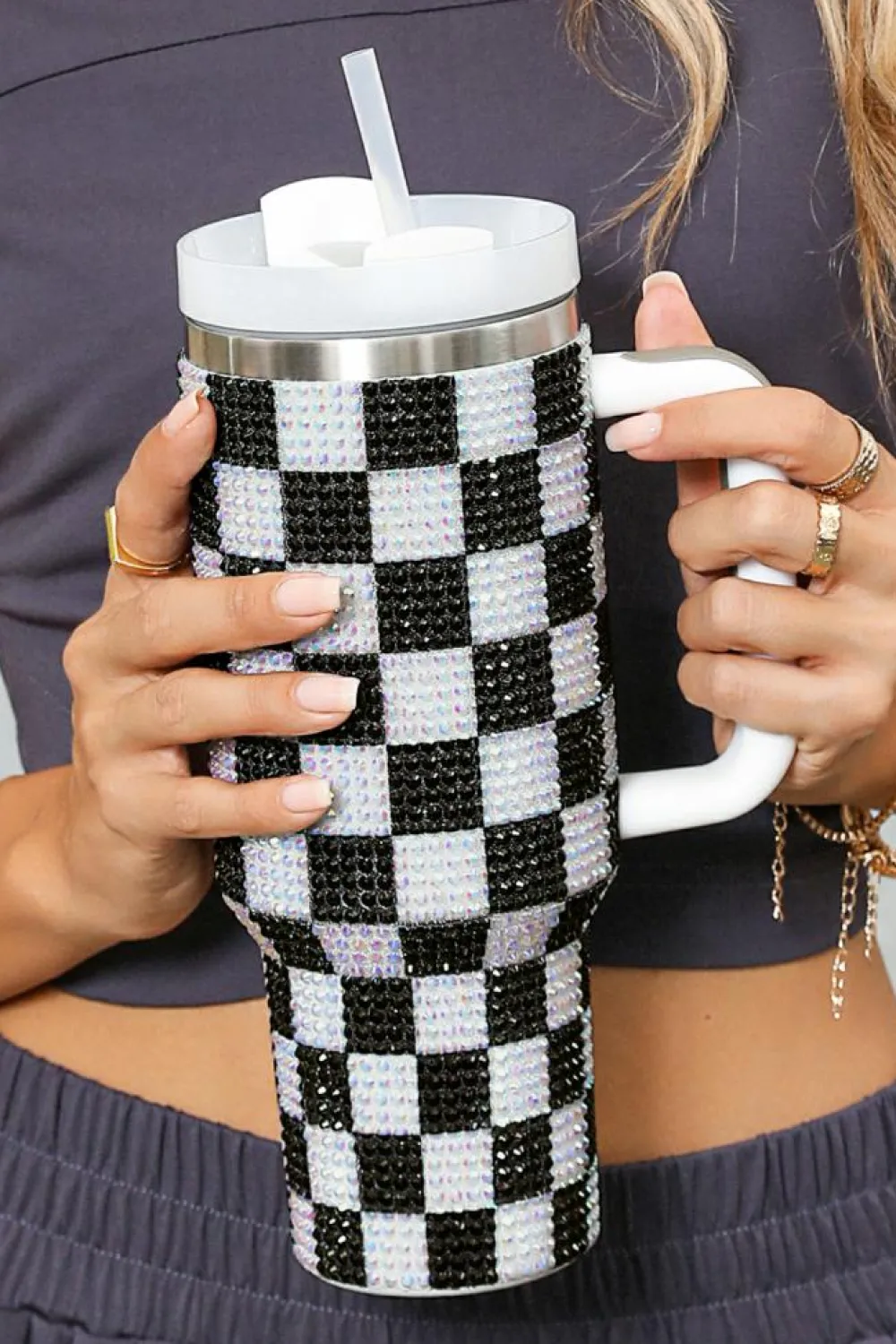 Fashion Dear-Lover Full Rhinestone Checkerboard Handled Tumbler 40oz Black