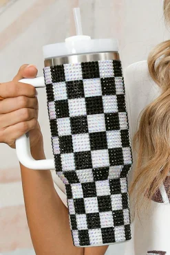 Fashion Dear-Lover Full Rhinestone Checkerboard Handled Tumbler 40oz Black