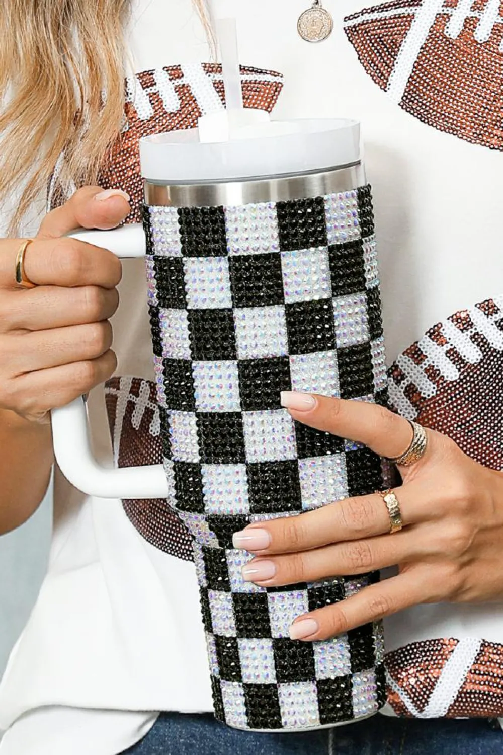 Fashion Dear-Lover Full Rhinestone Checkerboard Handled Tumbler 40oz Black