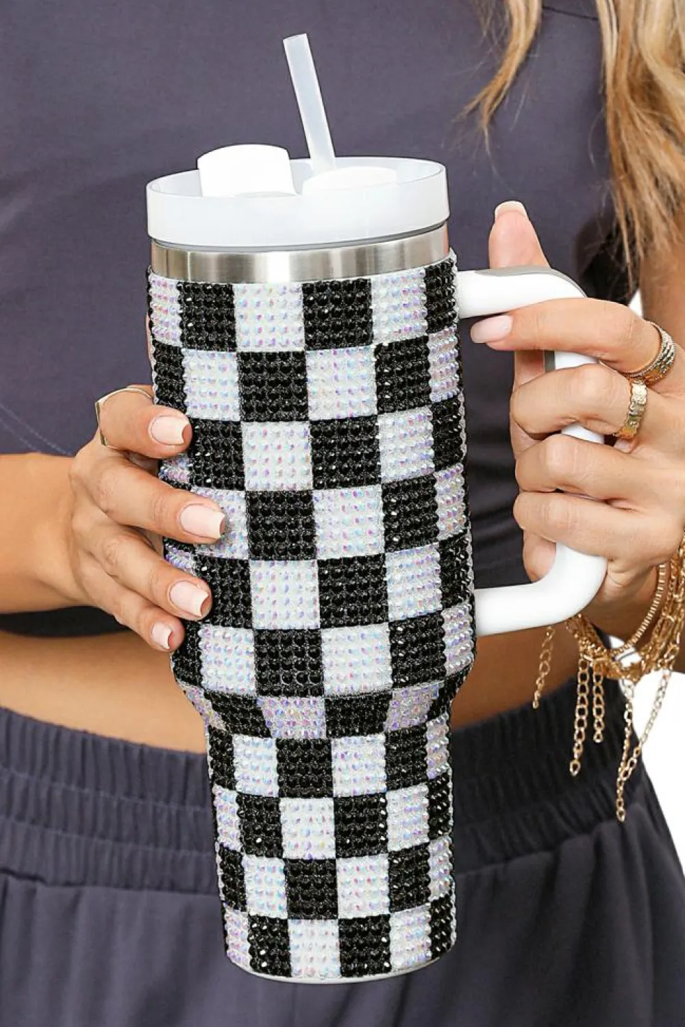 Fashion Dear-Lover Full Rhinestone Checkerboard Handled Tumbler 40oz Black