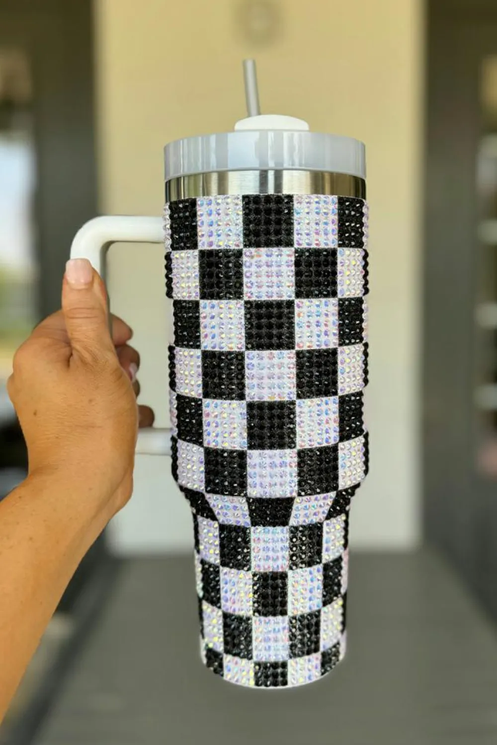 Fashion Dear-Lover Full Rhinestone Checkerboard Handled Tumbler 40oz Black