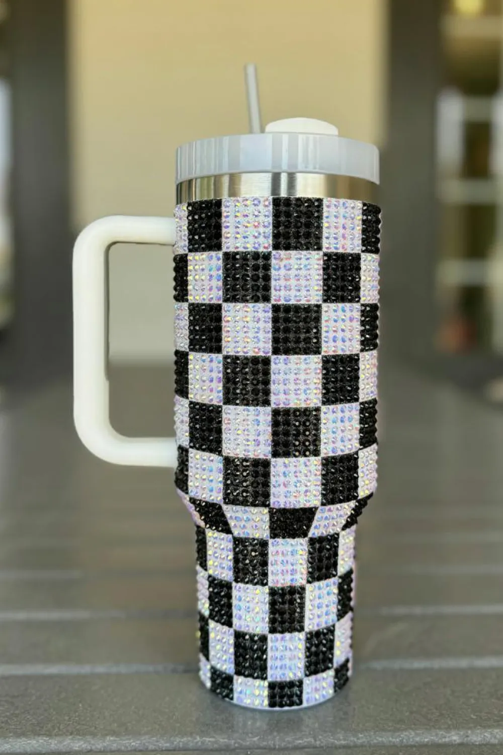 Fashion Dear-Lover Full Rhinestone Checkerboard Handled Tumbler 40oz Black