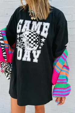 Online Dear-Lover GAME DAY Checkerboard Rugby Football Helmet T Shirt Black