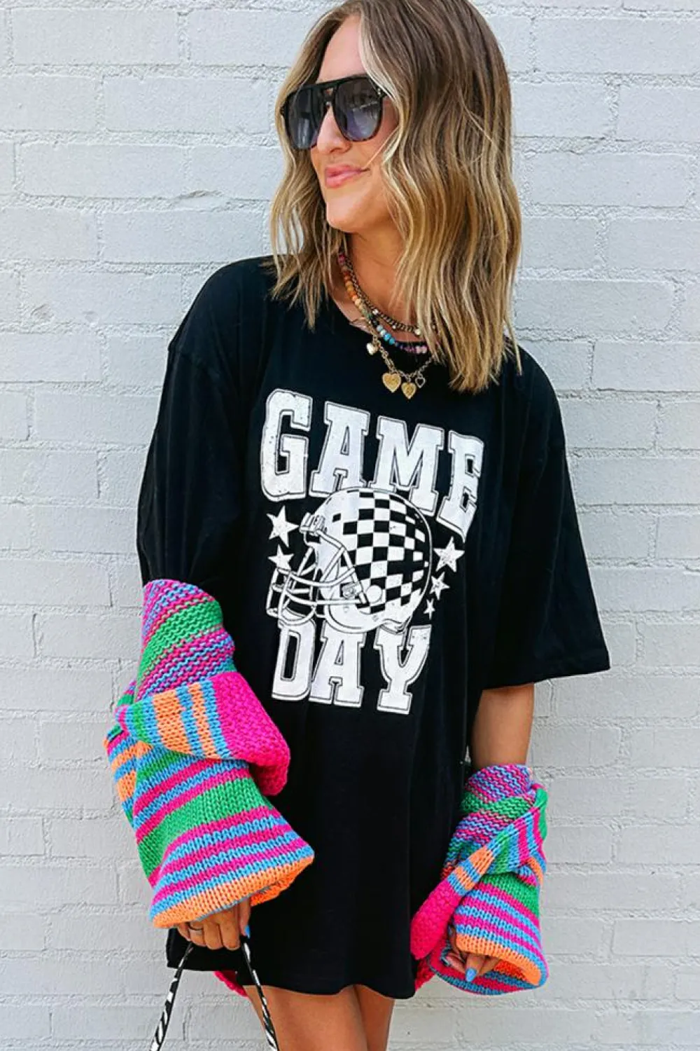 Online Dear-Lover GAME DAY Checkerboard Rugby Football Helmet T Shirt Black