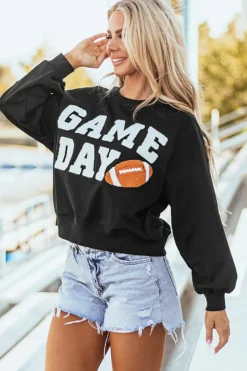 Clearance Dear-Lover GAME DAY Graphic Varsity Pullover Sweatshirt Black