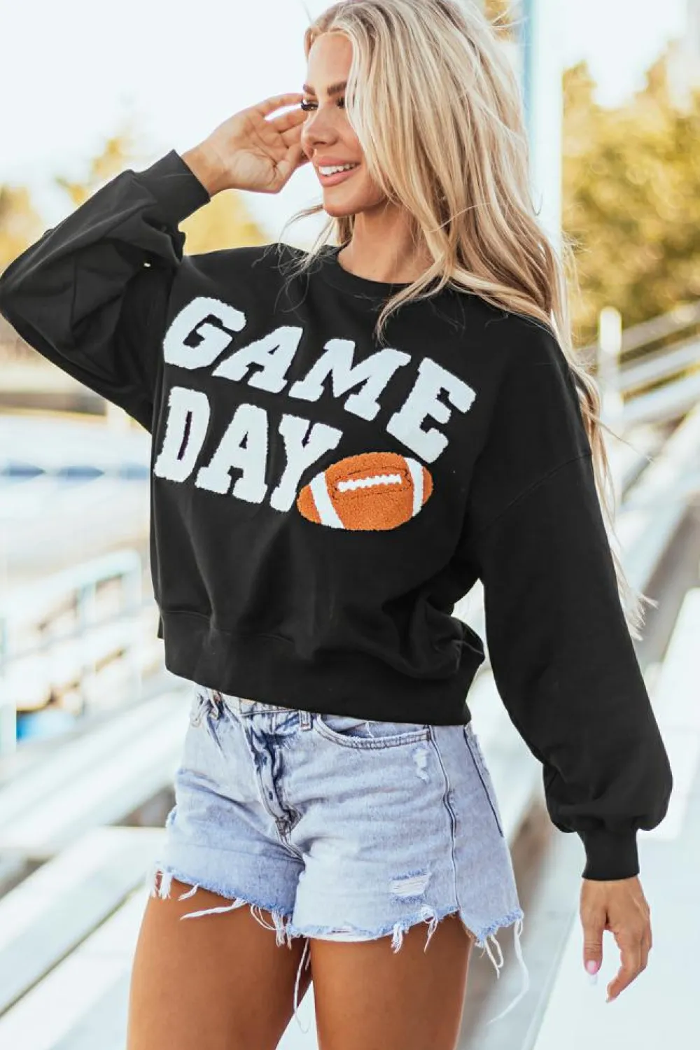 Clearance Dear-Lover GAME DAY Graphic Varsity Pullover Sweatshirt Black