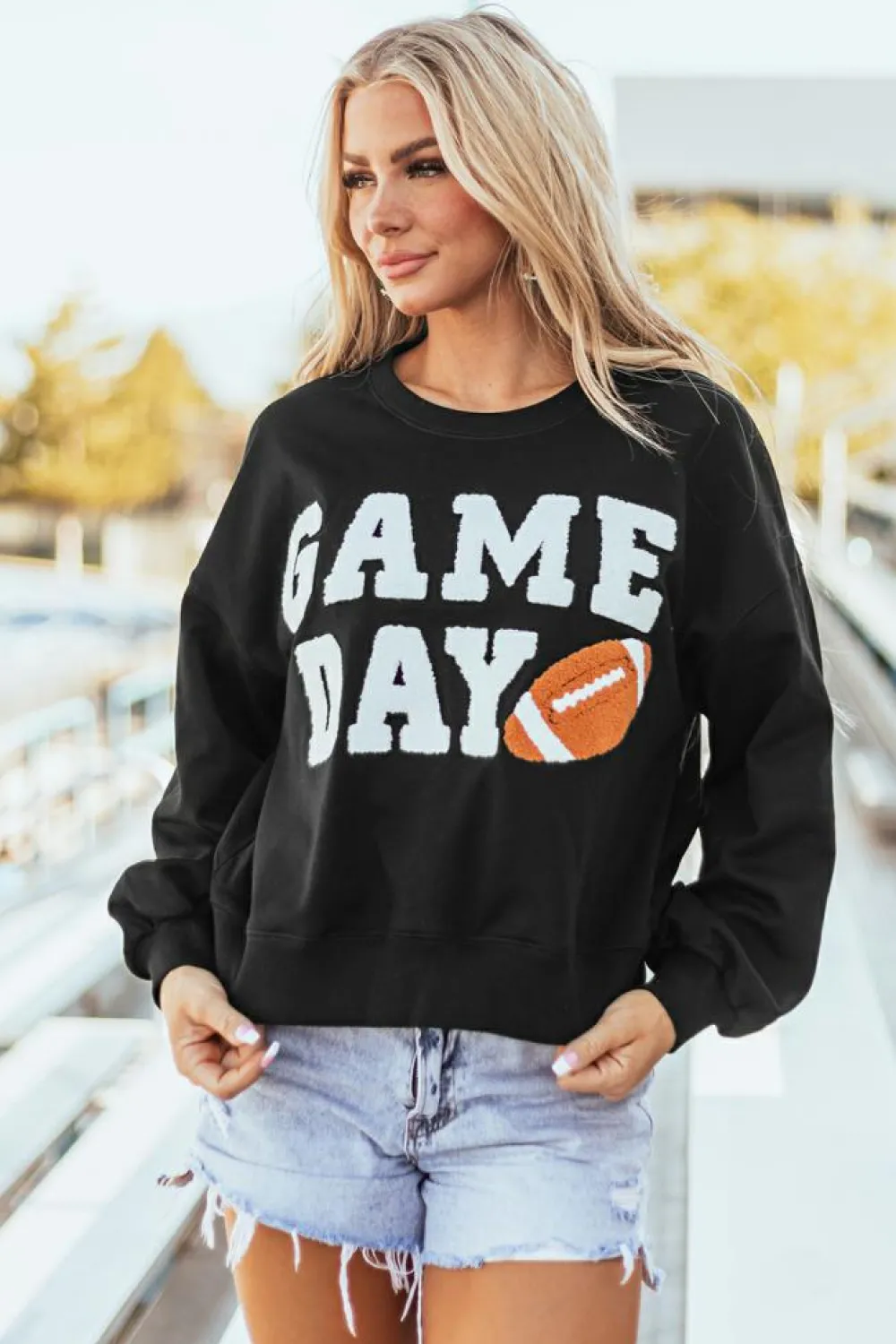 Clearance Dear-Lover GAME DAY Graphic Varsity Pullover Sweatshirt Black