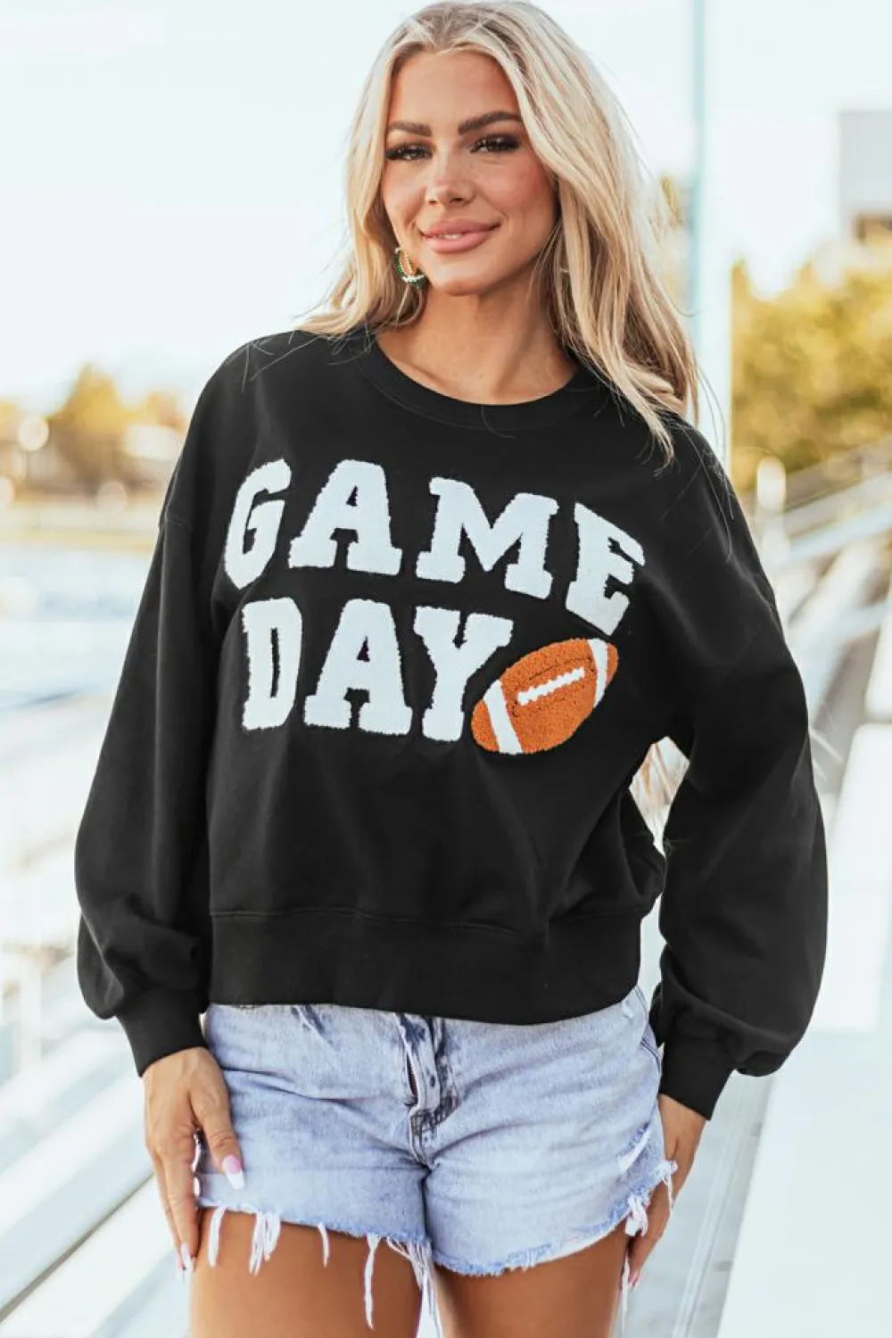 Clearance Dear-Lover GAME DAY Graphic Varsity Pullover Sweatshirt Black